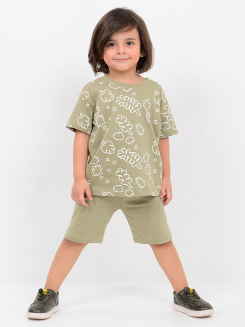 Oversized Leaflet Play Cotton Short Set (Olive Mist)