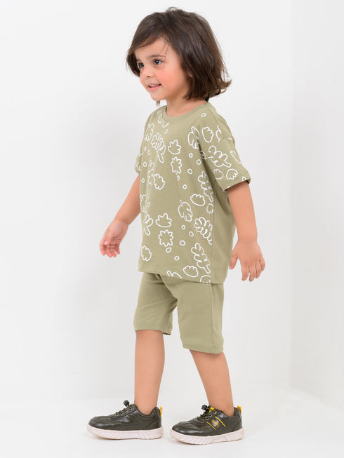 Oversized Leaflet Play Cotton Short Set (Olive Mist)