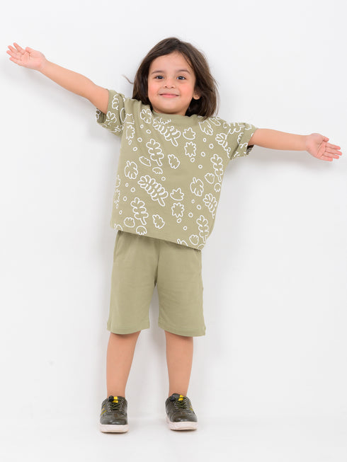 Oversized Leaflet Play Cotton Short Set (Olive Mist)