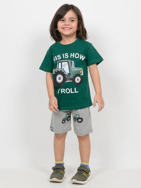 This Is How I Roll Cotton Short Set (Dark Green & Heather Grey)