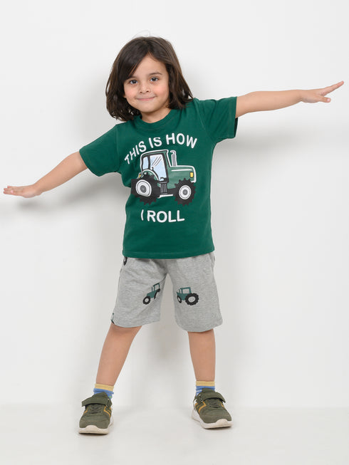 This Is How I Roll Cotton Short Set (Dark Green & Heather Grey)