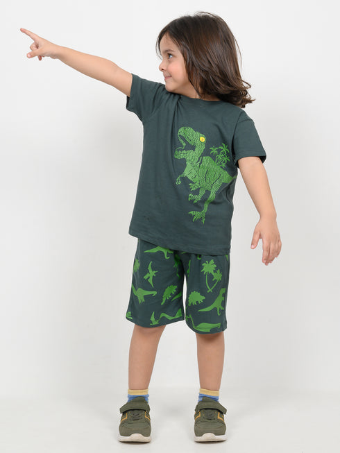 T-Rex Adventure Cotton Short Set (Dark Green)