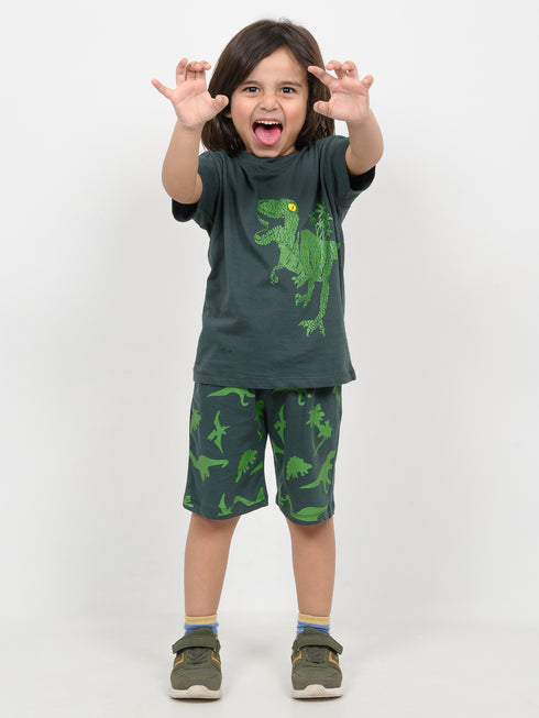 T-Rex Adventure Cotton Short Set (Dark Green)