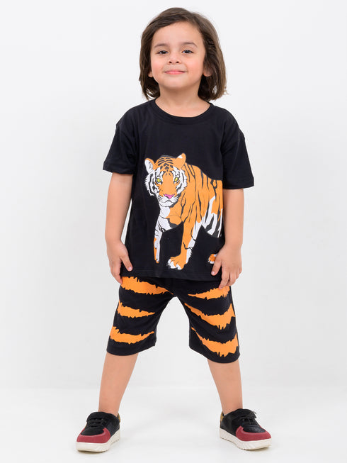 Oversized Tiger Tales Cotton Short Set (Black)