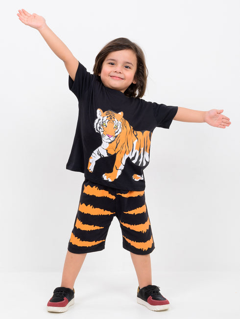 Oversized Tiger Tales Cotton Short Set (Black)