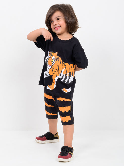 Oversized Tiger Tales Cotton Short Set (Black)