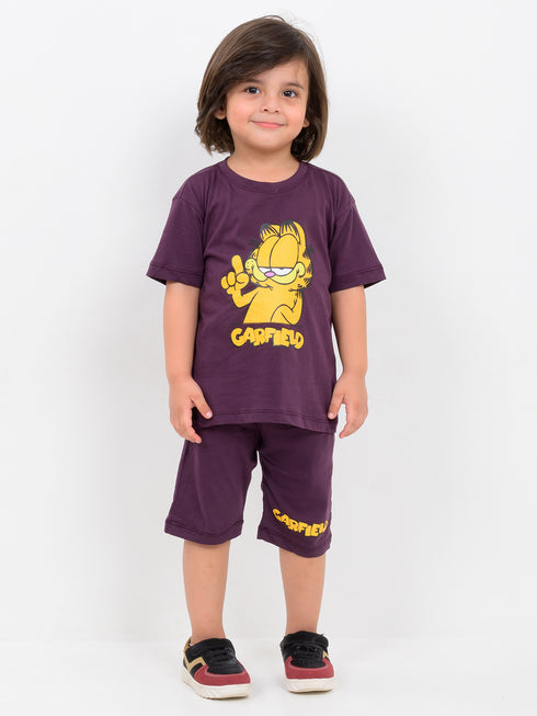 Oversized Garfield Themed Cotton Short Set (Midnight Berry)