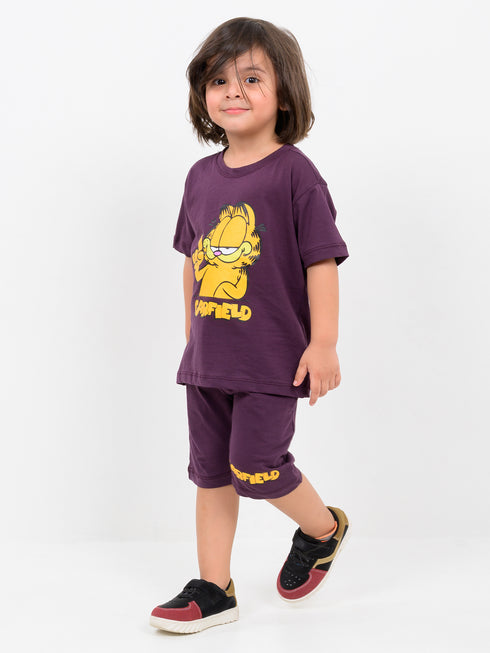 Oversized Garfield Themed Cotton Short Set (Midnight Berry)