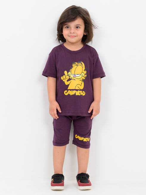 Oversized Garfield Themed Cotton Short Set (Midnight Berry)