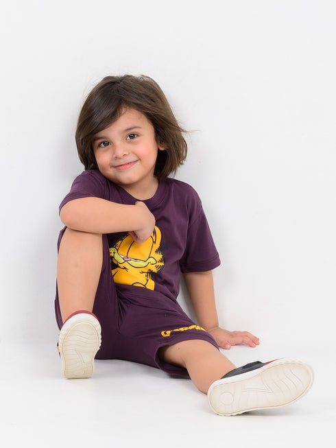 Oversized Garfield Themed Cotton Short Set (Midnight Berry)