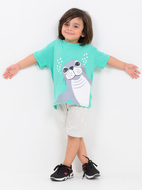 Oversized Happy Seal Adventure Cotton Short Set (Minty Ocean)