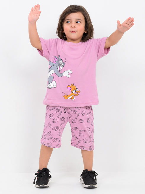 Oversized Tom & Jerry Cozy Chase Cotton Short Set (Mauve)