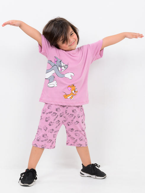 Oversized Tom & Jerry Cozy Chase Cotton Short Set (Mauve)