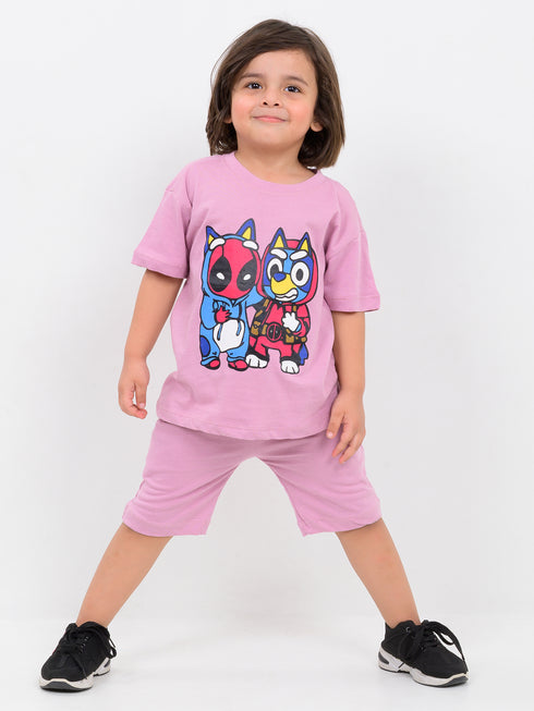 Oversized Chibi Champs Cotton Short Set (Mauve)
