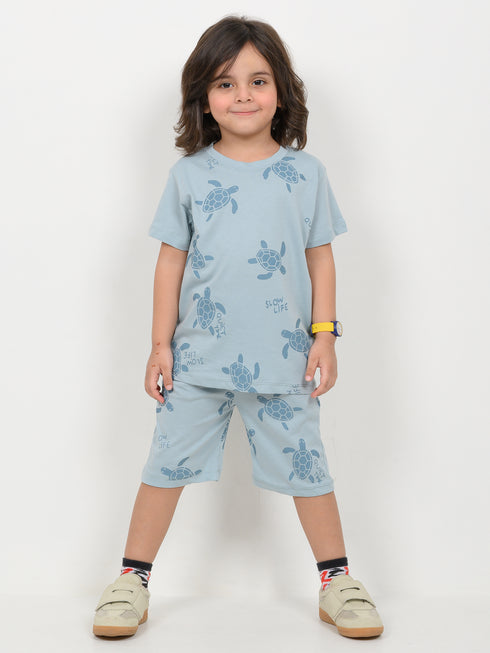 The Turtle Themed Cotton Short Set (Mist Blue)