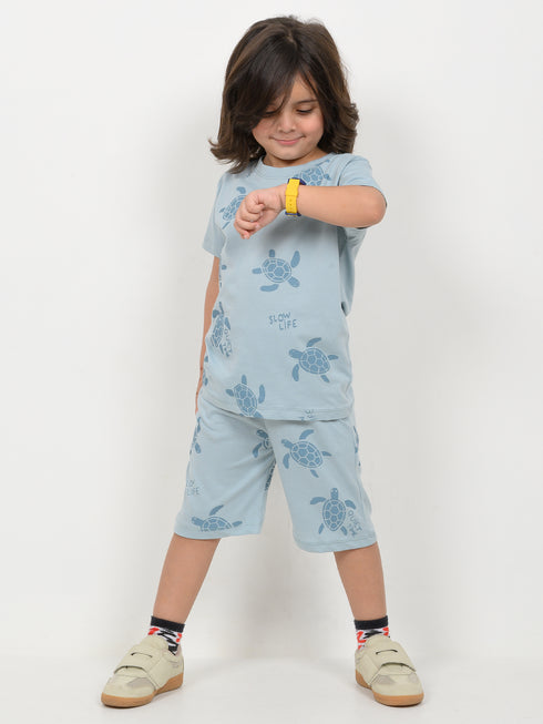 The Turtle Themed Cotton Short Set (Mist Blue)