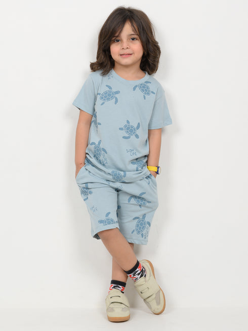 The Turtle Themed Cotton Short Set (Mist Blue)