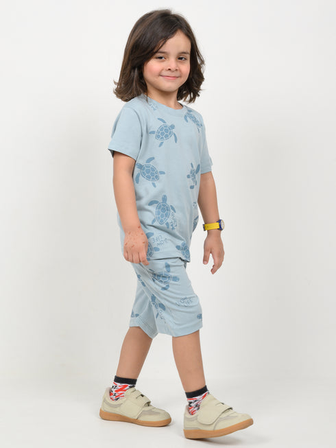 The Turtle Themed Cotton Short Set (Mist Blue)