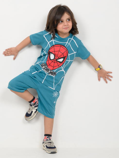 The Spidey Adventure Cotton Short Set (Teal Blue)