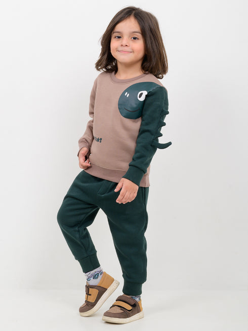 Happy Dino Themed Fleece Suit (Earth Green)