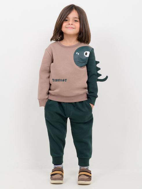 Happy Dino Themed Fleece Suit (Earth Green)