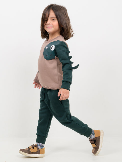 Happy Dino Themed Fleece Suit (Earth Green)