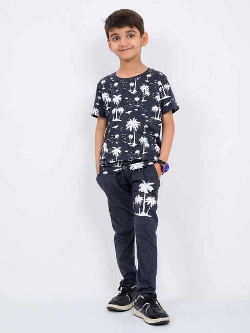 Midnight Palm Cotton Trouser Set (Charcoal Grey)