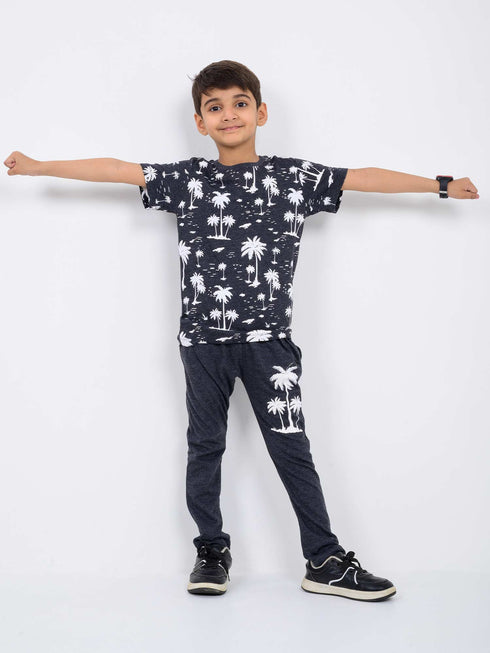Midnight Palm Cotton Trouser Set (Charcoal Grey)