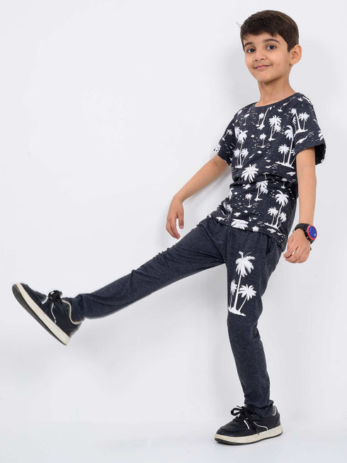 Midnight Palm Cotton Trouser Set (Charcoal Grey)