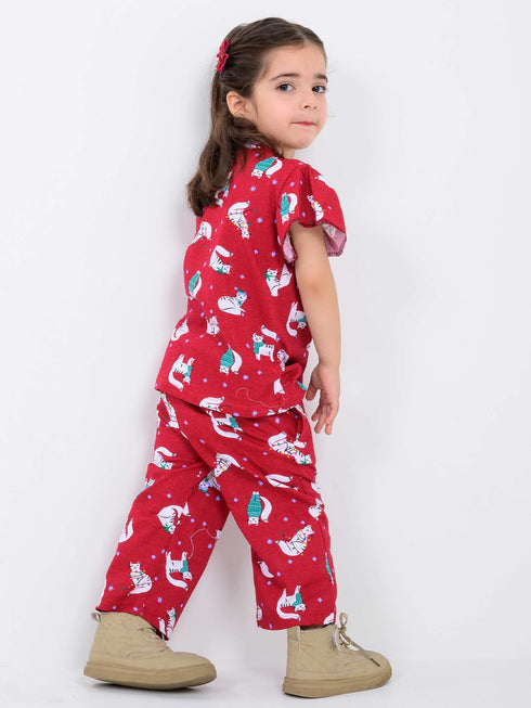 Frill Sleeves Meowy Magic Cotton Trouser Set (Cherry Red)