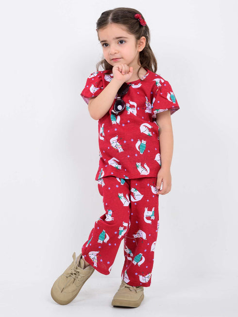 Frill Sleeves Meowy Magic Cotton Trouser Set (Cherry Red)