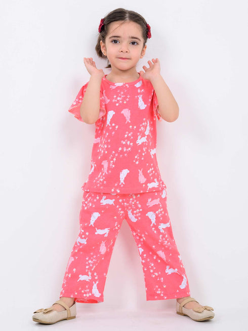 Frill Sleeves Fluffy Bunny Cotton Trouser Set (Coral Pink)