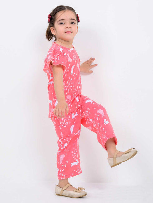 Frill Sleeves Fluffy Bunny Cotton Trouser Set (Coral Pink)