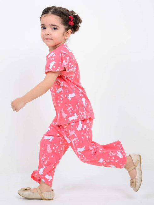 Frill Sleeves Fluffy Bunny Cotton Trouser Set (Coral Pink)