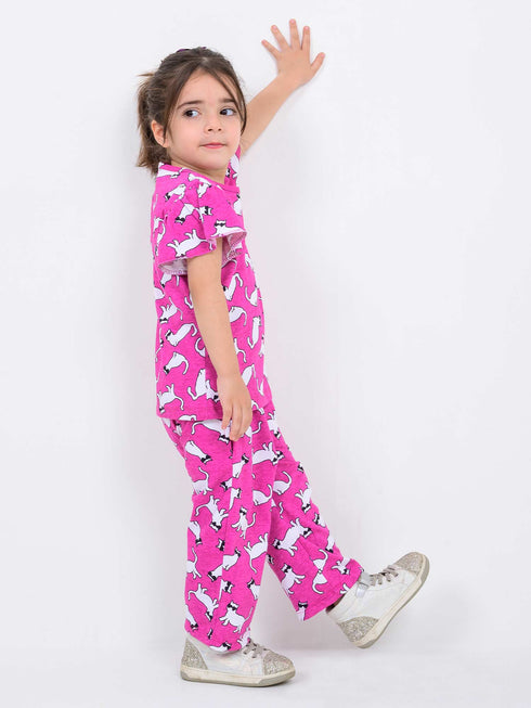 Frill Sleeves Charming Cat Cotton Trouser Set (Pink)
