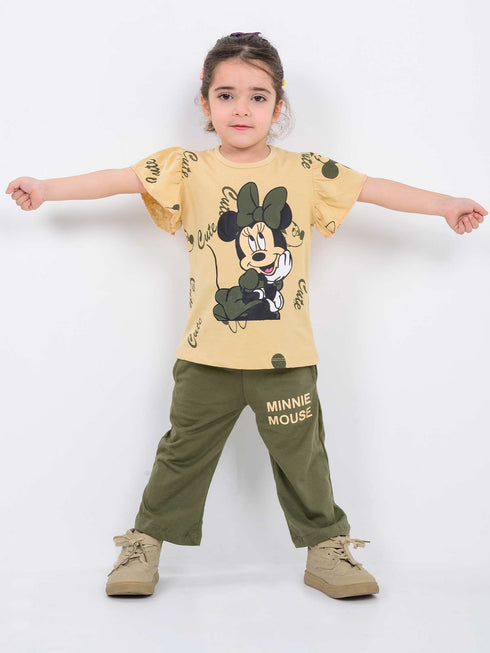Frill Sleeves Minnie Chic Cotton Trouser Set (Olive Green)
