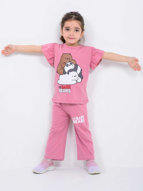 Frill Sleeves We Bare Bears Cotton Trouser Set (Pink)