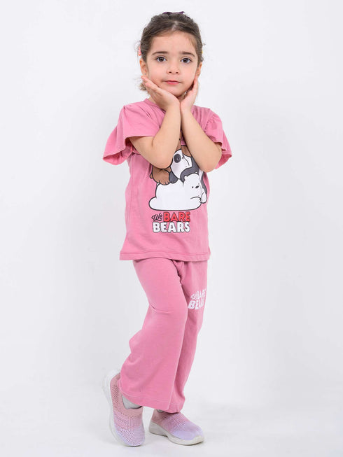 Frill Sleeves We Bare Bears Cotton Trouser Set (Pink)