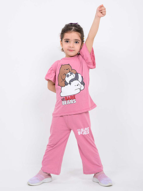 Frill Sleeves We Bare Bears Cotton Trouser Set (Pink)