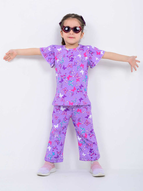 Frill Sleeves Fairy Wings Cotton Trouser Set (Purple)