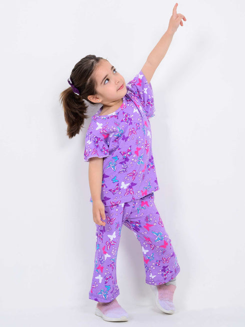 Frill Sleeves Fairy Wings Cotton Trouser Set (Purple)