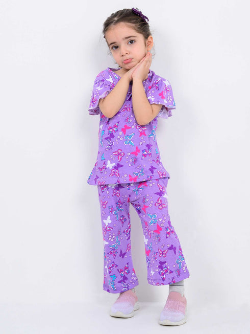 Frill Sleeves Fairy Wings Cotton Trouser Set (Purple)