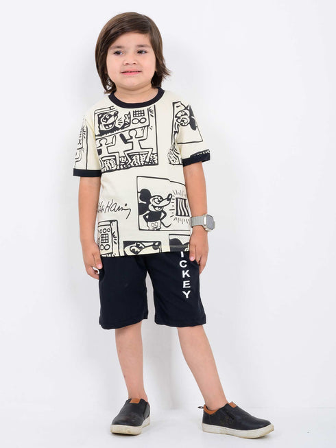 Mickey Comic Cotton Short Set (Off-White & Black)