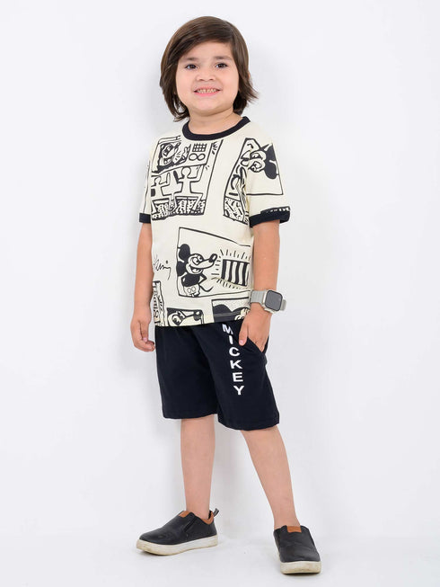 Mickey Comic Cotton Short Set (Off-White & Black)
