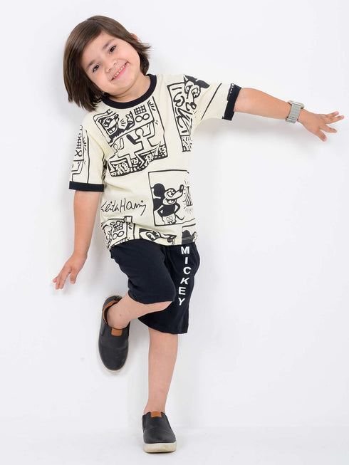 Mickey Comic Cotton Short Set (Off-White & Black)