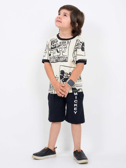 Mickey Comic Cotton Short Set (Off-White & Black)