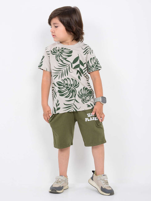 Tropical Leaf Cotton Short Set (Beige & Green)