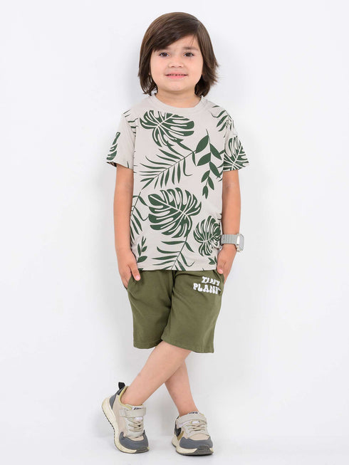 Tropical Leaf Cotton Short Set (Beige & Green)