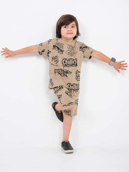 Chillin Graffiti Cotton Short Set (Beige)