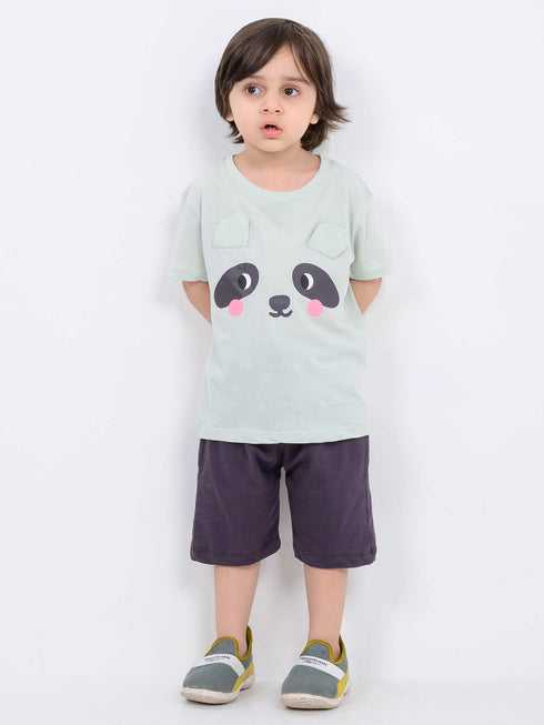 Panda Peek-a-Boo Cotton Short Set (Mint Green & Charcoal)